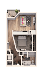 A dollhouse with a kitchen and living room.