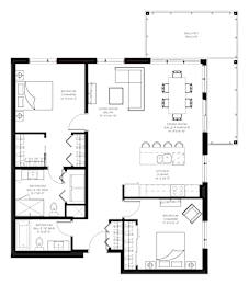 A black and white floor plan of a house with labeled rooms.
