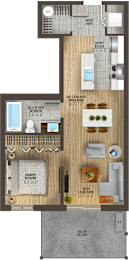 1 bedroom 1 bathroom floorplan with balcony at Horizon Apartments, Gatineau, Quebec