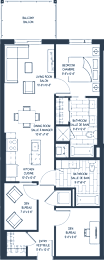 A floor plan of a house with a balcony, two bathrooms, a kitchen, a dining room, and a living room.