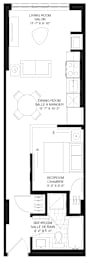 A floor plan of a house with a living room, dining room, bedroom, and bathroom.