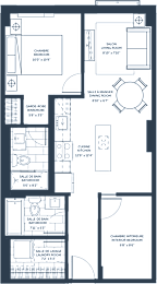 A floor plan of a house with a living room, kitchen, and bathrooms.
