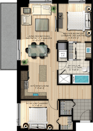 A floor plan of an apartment with a living room, kitchen, and two bedrooms.