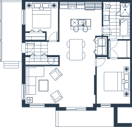 A floor plan of a house with a kitchen, living room, and two bedrooms.