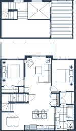 A floor plan of a house with a kitchen, living room, and two bedrooms.