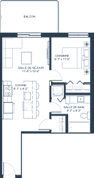A floor plan of a house with a balcony, kitchen, and two bathrooms.