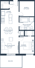 A floor plan of a house with a bureau, kitchen, bathroom, bedroom, and balcony.