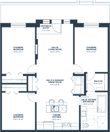 A floor plan of a house with a living room, two bedrooms, a kitchen, a dining room, a hallway, and a bathroom.
