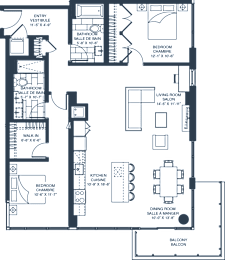 Two bedroom 2 bath apartment floor plan at Baseline Apartments, Ottawa, ON
