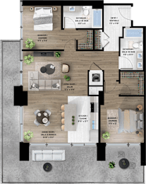 A floor plan of a house with a living room, dining room, kitchen, and bathrooms.