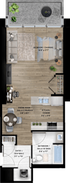 One bedroom unit layout with balcony at Baseline Apartments, Ontario, K2H 0C9