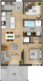 A floor plan of a house with a living room, dining room, kitchen, and bathrooms.