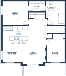 A floor plan of a house with a kitchen, living room, dining room, and bedrooms.