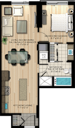 A floor plan of a living room, kitchen, and bedroom.
