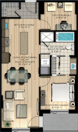 A floor plan of an apartment with a living room, dining room, kitchen, and bedrooms.