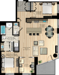 A floor plan of an apartment with a living room, kitchen, and bedrooms.