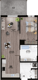 A floor plan of a house with a living room, dining room, kitchen, and bathrooms.