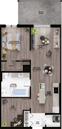 A floor plan of a house with a living room, dining room, kitchen, and bathrooms.