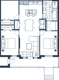 A floor plan of a house with a kitchen, living room, and two bedrooms.