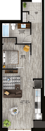 A floor plan of a house with a living room, dining room, kitchen, and bathrooms.
