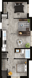 A floor plan of a house with a living room, dining room, kitchen, and bathrooms.