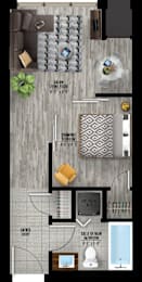 A floor plan of a home with a living room, bathroom, and kitchen.