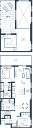 A floor plan of a house with a kitchen, living room, and bathrooms.