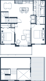 A floor plan of a house with a kitchen, living room, and two bedrooms.