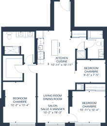 3D floor plan layout with room dimensions at 929 Richmond Apartments, Ottawa, ON