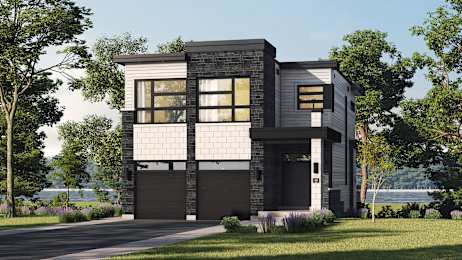 A modern house with a black and white exterior and a large front yard.