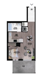 A floor plan of a house with a living room, dining room, kitchen, and bathrooms.