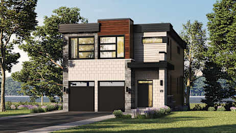 A modern house with a combination of beige, brown, and black colors.