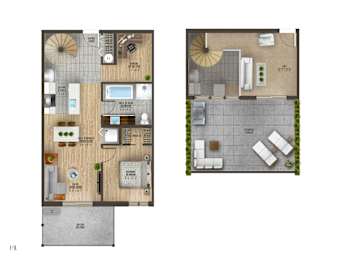 A floor plan of a two-story apartment with a living room, kitchen, and bedrooms.