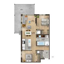 A floor plan of a two-bedroom apartment with a living room, kitchen, and bathroom.