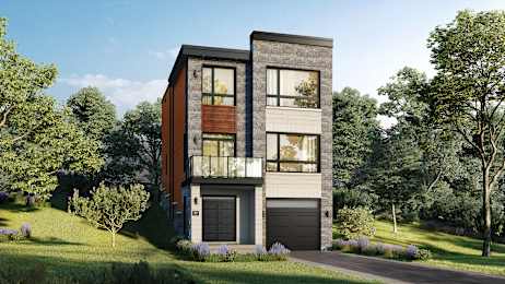 A modern two-story house with a garage is surrounded by greenery.