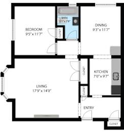 A floor plan of a living space showing a bedroom, dining area, kitchen, and living room.