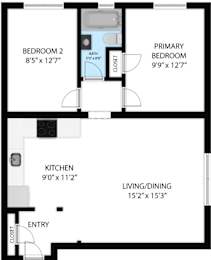 A floor plan of a small apartment with a living area, kitchen, and two bedrooms.