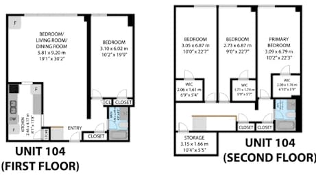 A diagram shows the layout of unit 104, with dimensions for each room.