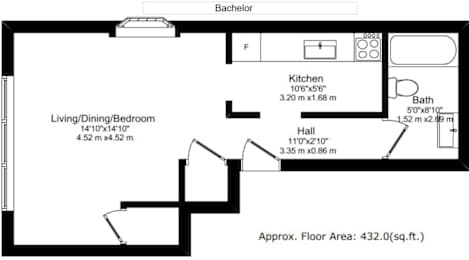 A black and white image of a floor plan for a house with a bachelor apartment.