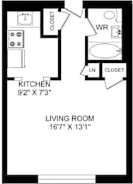 A black and white image of a floor plan for a kitchen and living room.