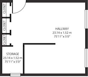 A floor plan of a room with a hallway and storage area.