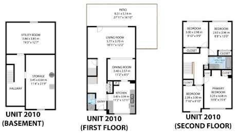 A diagram shows the layout of a 2010 unit with basement, first floor and second floor plans.