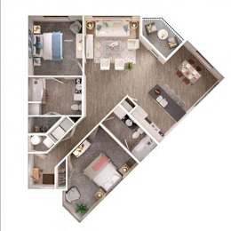 A top-down view of a house layout with a kitchen, living room, and bathroom.