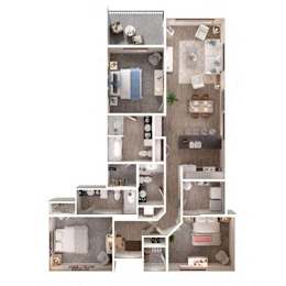A floor plan of a house with a kitchen, living room, and bathrooms.