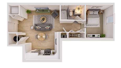 A top-down view of a small apartment with a living room, kitchen, and bedroom.