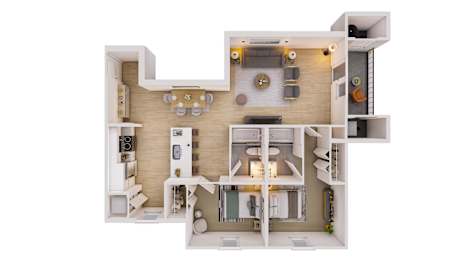 A white floor plan of a house with a kitchen, living room, and bathroom.