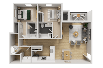 A detailed 3D floor plan of a small apartment layout.