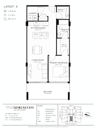 A floor plan for a one bedroom apartment with a living room, kitchen/dining area, and bathroom.