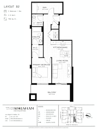 A black and white image of a floor plan for a one bedroom apartment.