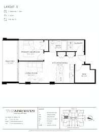 A black and white image of a floor plan for a layout E with a living room, kitchen/dining area, and bathroom.